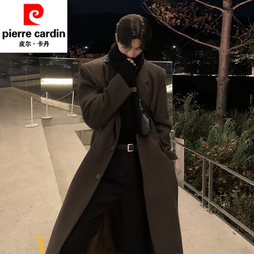 Pierre Cardin Spring and Autumn Korean Maillard Woolen Coat Men's Mid-Length Shoulder-Pad Windbreaker Over-the-Knee Loose Woolen Coat Brown (Single Lined) M