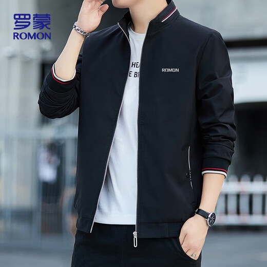 ROMON Coat Jacket Men's Trendy Fashion Business Casual Baseball Uniform Stand Collar Top Men's KJ11 Black XL