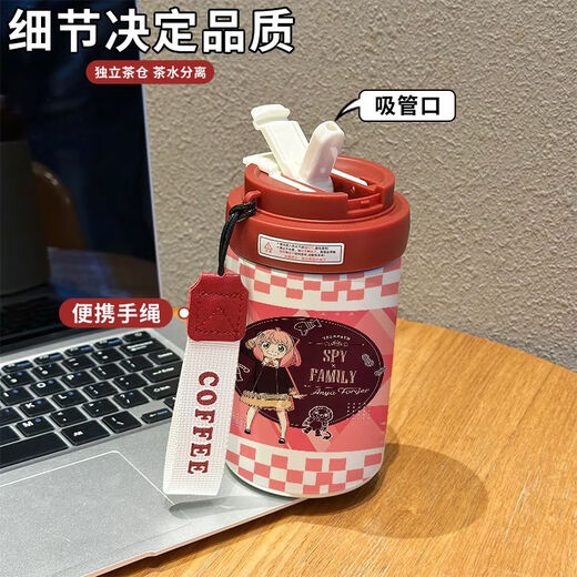 保温杯学生男女士上班办公专用咖啡水杯动漫卡通茶水分离带吸管口 粉白吸管+直饮FLX13548 0ml