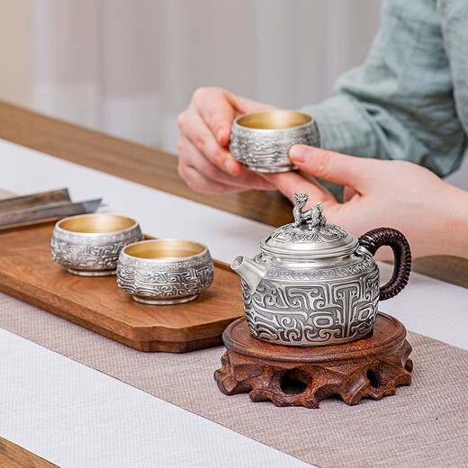 XMSJ手工银壶纯银999泡茶壶家用茶道功夫茶具套装公道杯泡茶杯 一壶四杯一公杯 695克+证书+ 0