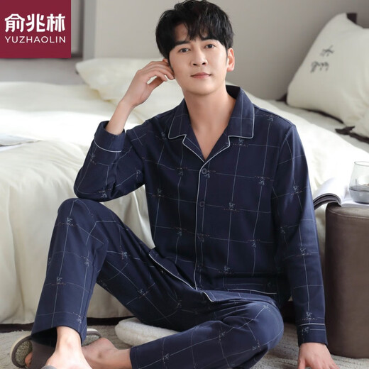 Yu Zhaolin Pure Cotton Pyjamas Herren Spring- und Herbst-Langarmanzug mit großer Größe für Männer mittleren Alters und ältere Männer können außerhalb MZ3527 L [110-140jin [Jin gleich 0,5 kg] tragen]]