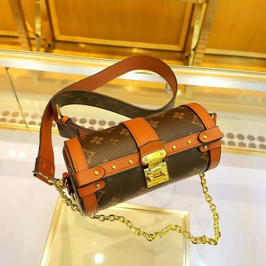 香港专柜轻奢巴比龙圆筒包2025新款女包奢侈品真皮老花单肩斜挎包 咖啡色 （主图视频款+高档礼盒）