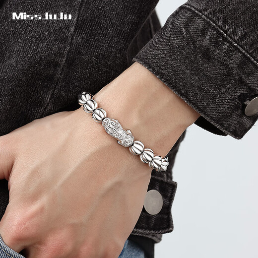 Miss JuJu pt950 platinum bracelet for men, high-quality platinum, domineering and lucky, brave round bead bracelets are thick, in stock, net weight 47.56g, about 10mm thick