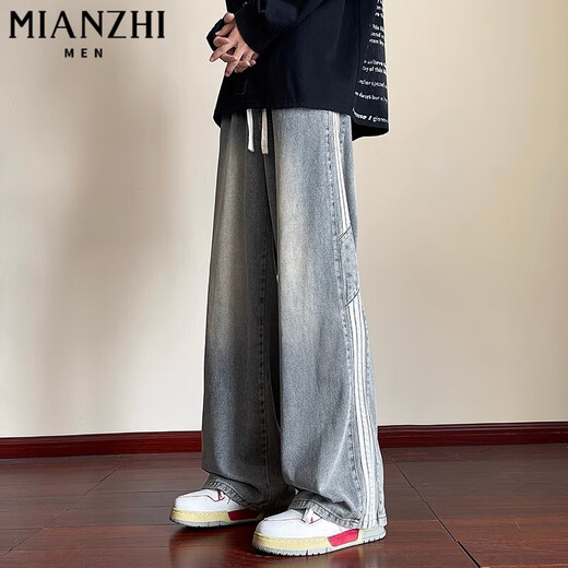 Cotton American Retro Side Striped Wide-Bein-Jeans für Männer losen Herbst und Winter neuer Casual Hosen Trend K1047 Blau [hohe Qualität 35] L 105-120jin [Jin entspricht 0,5 kg]