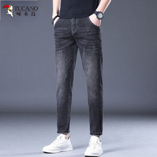 Woodpecker (TUCANO) Jeans Herren, Sommer, dünn, schmal, gerade, vielseitig, Stretch-Jeans, Herren, vielseitig, lässig, Jeans, Herren, 1048, Schwarz, Grau, 28 (2 Fuß 1), empfohlen 90–100 Jin Jin entspricht 0,5 kg Tragen