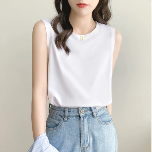 猫人（MiiOW）纯棉宽松背心女春夏季外穿大码胖MM显瘦无袖t恤圆领内搭打底上衣 白色【纯棉】 L 码【100-120斤】