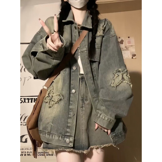AC-Aichen Veste en jean brodé de mi-longueur pour les femmes au printemps et automne 2025 Nouveau design déchiré veste rétro en baisse du haut rétro simple pièce 12401 # S (95jin [Jin est égal à 0,5 kg]))