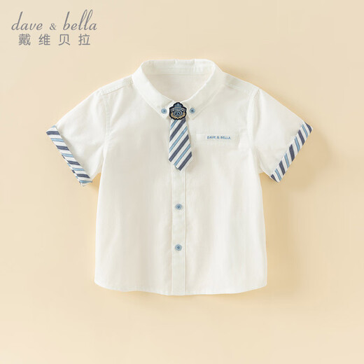DAVE&BELLA boys' short-sleeved shirt summer new style children's white shirt pure cotton children's clothes fashionable baby boy top white ready stock 140 cm (recommended height 130-140cm)