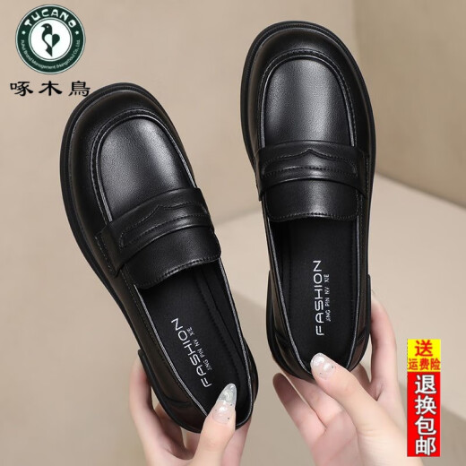 啄木鸟真软皮2025春秋女鞋新款乐福鞋黑色小皮鞋软底百搭休闲单鞋女 黑色 36