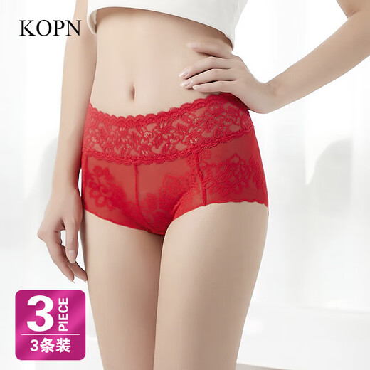 KOPN Light Luxury [3 Packs] Red Panties Women's Lace Lady's Nest Year Autumn and Winter New Mid-waist Cotton Belly Lift 588+839+829 L Suitable for 100-120Jin [Jin equals 0.5 kg]
