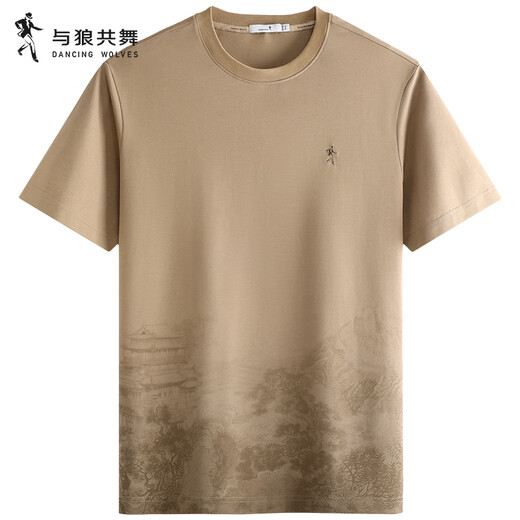 与狼共舞【含桑蚕丝】7A抑菌短袖T恤男2025夏季新款印花圆领青年上衣6029 卡其701 XL (180)