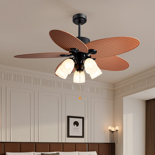 Weather Vane mittelalterlicher Stil Retro Restaurant Lüfter Licht Imitation Weinblätter Pastoral Country Style Variable Frequenz Großer Windkraft Stille Deckenlüfter Licht 52-736A Licht Farbe Blatt 3 Lampe runde Steinmuster Abdeckung