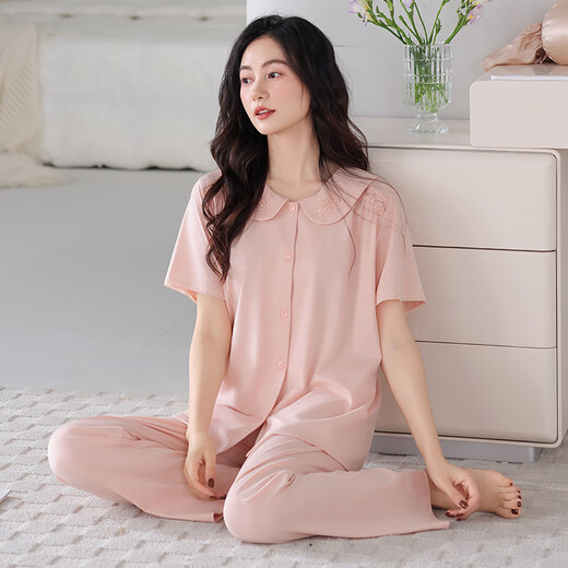夸感睡衣女夏季纯棉薄款短袖长裤女士妈妈休闲宽松娃娃领可外穿家居服 698 柔粉 M 【155-160CM/90-110斤】