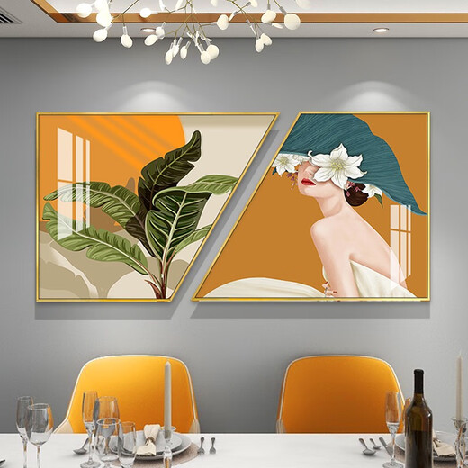 轻奢餐厅装饰画现代简约饭厅挂画餐桌背景墙壁创意组合晶瓷画 TXMG12117 60*70*2/两幅组合60*120质感银3