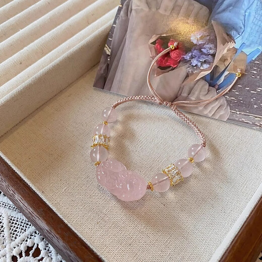 Pink crystal bracelet for women, peach blossom awakening lion, Pixiu braided rope, pink crystal bracelet, a niche gift for girlfriends and besties, Pixiu style 15cm