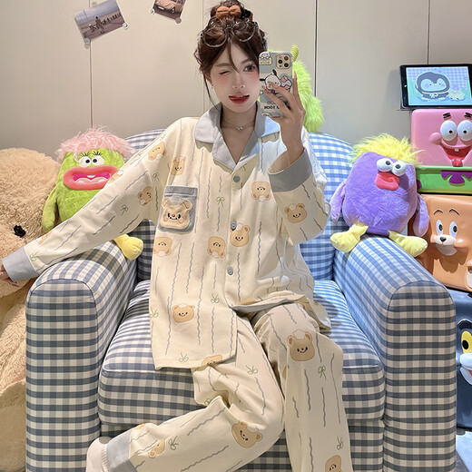 Xuan Mulin pajamas for women in spring and autumn long sleeves chest pad 2025 new cute cartoon sweet bear summer home clothing set a691 Star Beaver M