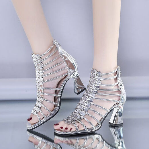 Yin Zhentian Römische Sandalen für Frauen 2025 Sommer Hufeisen Heel Mid-Heel Sandalen High Top Fish Mundschuhe High Heel hohl dicke Absatzschwarz 34
