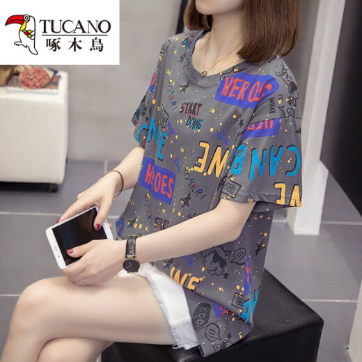 Woodpecker with larger size to cover the belly and make you look slim top for women 2025 summer new fat mm casual loose cotton short-sleeved T-shirt for women 6628 orange M about 80-95