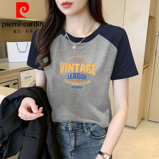 Pierre Cardin Kurzärmeliges T-Shirt für Frauen 2025 Neue Sommer Raboss Sleeve reines Baumwoll einzigartiges modisches Slim Top Design 1476 Blumengrau/Prince Blue Raboss Kurzärärmelte (schwarzer Druck M 100-115jin [Jin gleich 0,5 kg]
