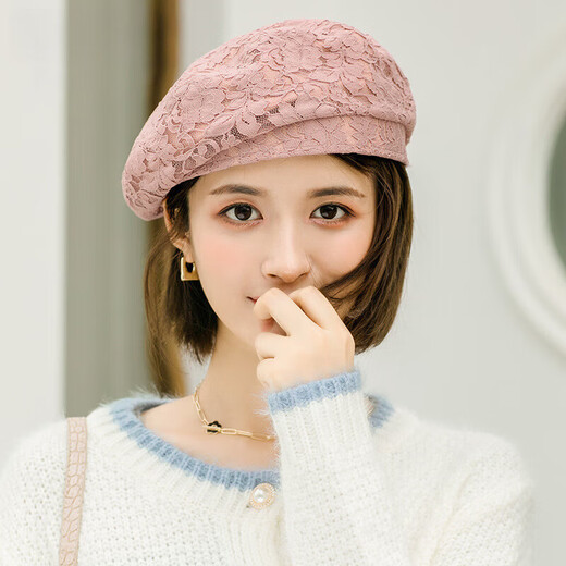 慕麦昆帽子女新款夏季薄款蕾丝贝雷帽女轻薄透气防晒帽女英伦复古八角帽 酒红色 均码