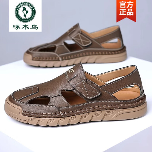 Sandalias de marca de alta gama de carpintería para hombres en verano Nuevo estilo, bolsas, agujeros, zapatos de playa, genuinas sandalias de cuero de cuero de cuero 9197 marrón 38
