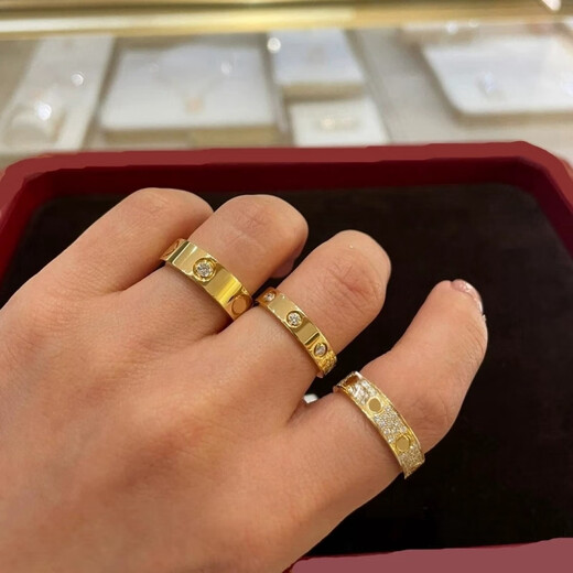 Olevo 18K rose gold ring for men and women au750 color gold diamond LOVE classic light luxury high-end couple ring wedding ring rose gold-three diamonds-narrow version No. 5