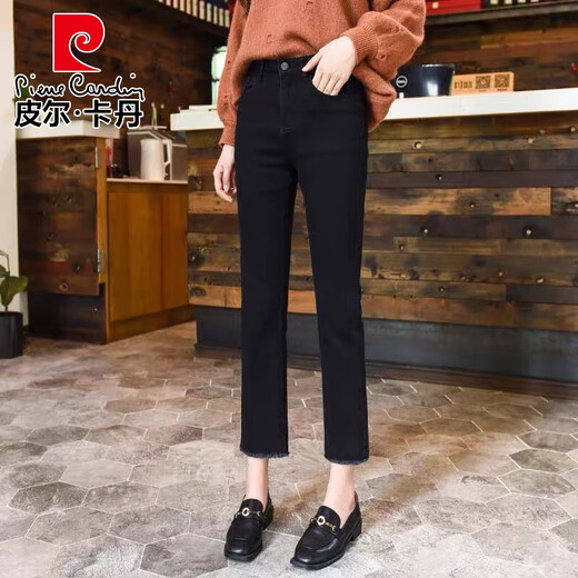皮尔卡丹（pierre cardin）黑色烟管裤女2025年新款直筒牛仔女士裤子春秋款小个子显瘦九针织 黑色正常车脚九分 单裤 2575-83斤