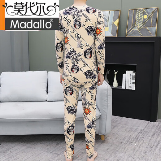 Modal Winter German Velvet Thermal Underwear Men's Suit Plus Velvet Thickened Autumn Clothes and Autumn Pants Trendy Brand Printed Slim Bottoming Shirt Khaki L (85-109Jin Jin is equal to 0.5kg)