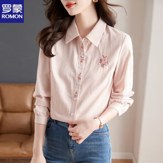 ROMON cotton striped embroidered shirt women's single-breasted shirt 2026 autumn new loose and versatile top pink L (recommended 100-110Jin Jin equals 0.5 kg)