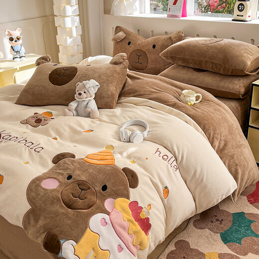 Thickened warm milk velvet four-piece children's cartoon bed sheet quilt cover coral velvet quilt cover Kapibara winter Kapibara Class A anti-static non-shedding 1.8m bed sheet four-piece set quilt cover 200x230