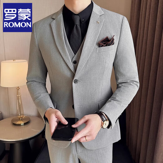 罗蒙（ROMON）新郎结婚西装套装男修身西服三件套礼服商务休闲英伦风职业正装 9889中灰 两件套【西服+裤子】 56/3XL【150-165斤穿】