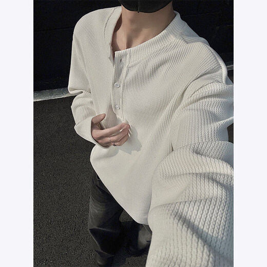 Nyingcleanfit Henry Neck Langarmed T-Shirt Herren 25 Frühlings- und Herbst-neue Textur Loose Inner Sweatshirt Basishemd aus weißem XL (120-140jin [Jin ist gleich 0,5 kg])