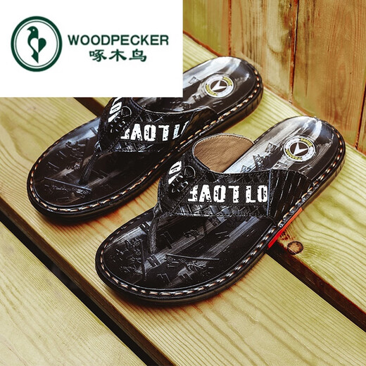 
Woodpecker brand flip flops men 2022 summer men's slippers genuine leather sandals trendy non-slip outdoor sandals outside the beach 16886 black and red 38