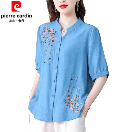 皮尔卡丹（pierre cardin）夏季中袖棉麻上衣女2025新款国风刺绣女士衬衫妈妈装宽松亚麻小衫 粉色-694 M 【约108斤内】