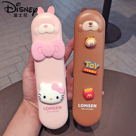 迪士尼（Disney）新款304不锈钢便携餐具三件套筷子勺子套装儿童小学生外带收纳盒 粉色兔子-本色款(带立体贴)
