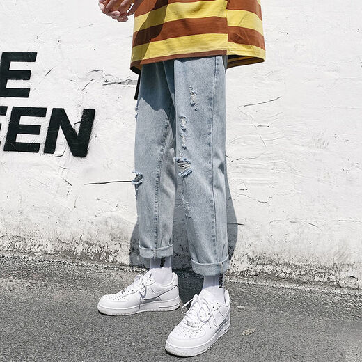 KFPF pants for men's trendy street-fried slim fit ripped pants straight jeans for men's summer thin 2025 new men's pants 679/Y ripped model M