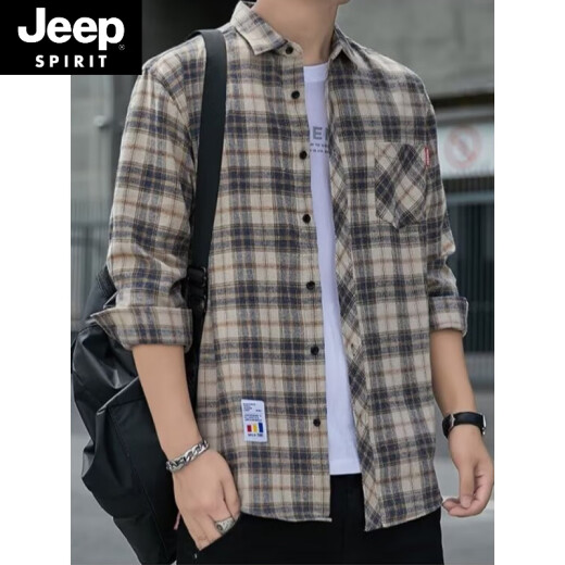 Jeep Spirit Plaid Camiseta informal de la primavera y otoño Camisa de manga larga Top coreana Retro Summer Flin Jacket K12109 Green Plush M 90-110Jin [Jin iguala 0.5 kg]
