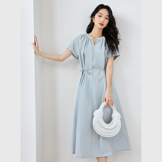 梵希蔓浅蓝色法式V领连衣裙女2025夏季新款收腰系带显瘦休闲长裙 M9733 浅蓝色 M