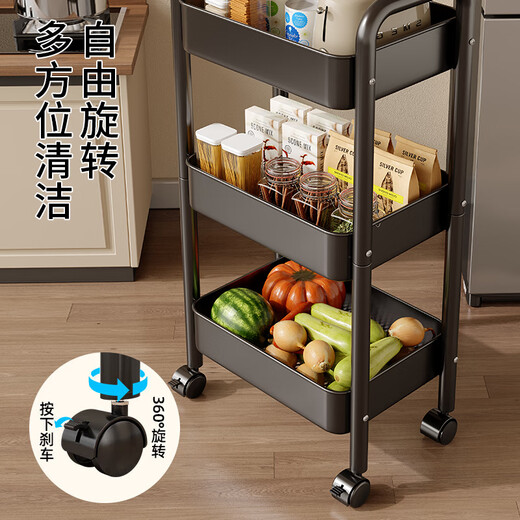 Selected cart storage rack floor-standing multi-layer storage rack dormitory mobile snack rack kitchen rack iron wheeled storage rack thickened carbon steel three-layer black with pulleys