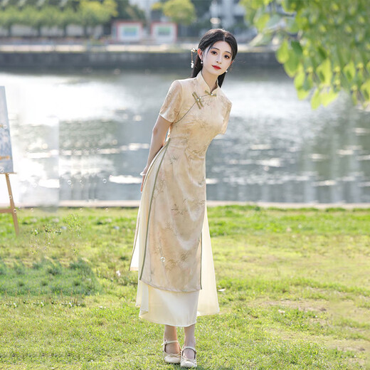 New Chinese style Ao Dai cheongsam, an elegant style for young girls that can be worn daily to cover the flesh and look slimming, retro dress J1324, apricot 2XL (125-135Jin Jin is equal to 0.5kg)