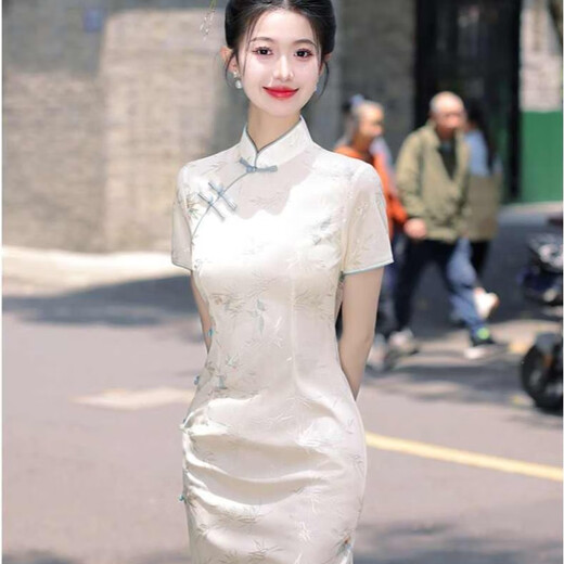 以欧（YIOU）高考送考新中式日常可穿小个子中长款旗袍新款夏季改良年轻款1584 图片色 M