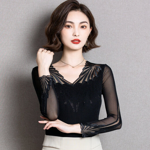 赛曼蝶雷丝打底衫女秋衣外穿2025春装新款低领蕾丝长袖修身亮丝网纱小衫 6167 小叶串 薄款 2XL (115斤-135斤)