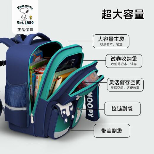 Snoopy (SNOOPY) primary school students' school bag, lightweight children's spine protection and weight-reducing backpack, first to third grade, sapphire green small size