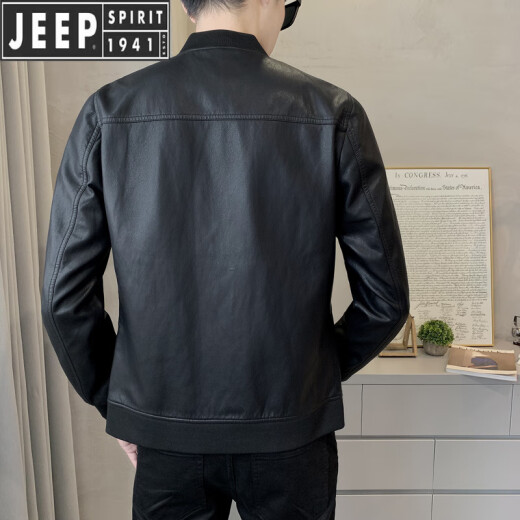JEEP SPIRIT trend spring and autumn new leather jacket for men casual short stand collar baseball uniform handsome motorcycle leather jacket jacket black P719 XL