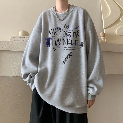 型于格潮牌美式高街无帽圆领卫衣男上衣秋冬季加绒长袖T恤内搭打底衫 酒红色 (常规款) XL 建议(125-145斤）