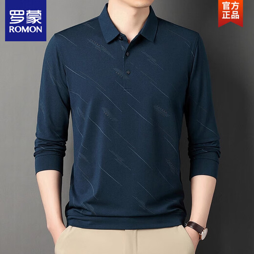 Camiseta Romon Summer Silk Silk manga larga para hombres 2025 nueva solapa informal de mediana edad Camiseta de papá 829 azul marino 3xl 185