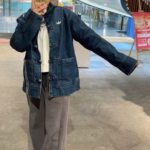 阿迪达斯 （adidas）三叶草外套男士女装春季新款蛇年中式牛仔运动服立领防风休闲夹克 JZ9928牛仔蓝 盘扣 L