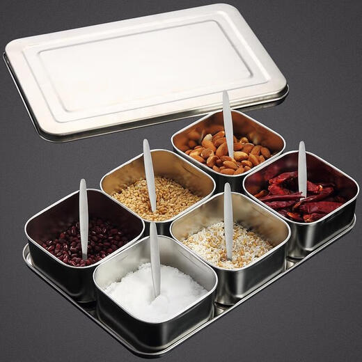 Seasoning box set of six pieces or more food grade stainless steel Japanese style flavor box set seasoning jar condiment sample retention box thickened six compartments free 6 flavor spoons with lid