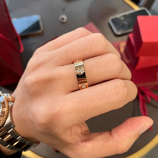 Olevo 18K rose gold ring for men and women au750 color gold diamond LOVE classic light luxury high-end couple ring wedding ring rose gold-three diamonds-narrow version No. 5