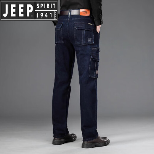 Jeep Spirit Jeep Denim Arbeitshose für Männer mehrfacher Frühling und Herbst Neue Hochtätigkeit mittleren Alters lose amerikanische Freizeithosen 9921 Schwarz 34
